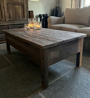 Salontafel met 2 lades / salontafel oud hout 120x70cm B (afhalen) (GERESERVEERD)