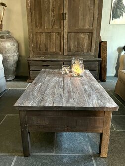 Salontafel met 2 lades / salontafel oud hout 120x70cm B (afhalen) (GERESERVEERD)