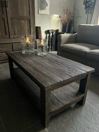 Salontafel Driftwood met onderblad | salontafel oud hout met onderblad  120x60cm (afhalen)