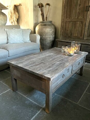 Salontafel met 2 lades / salontafel oud hout 120x70cm B (afhalen) (GERESERVEERD)