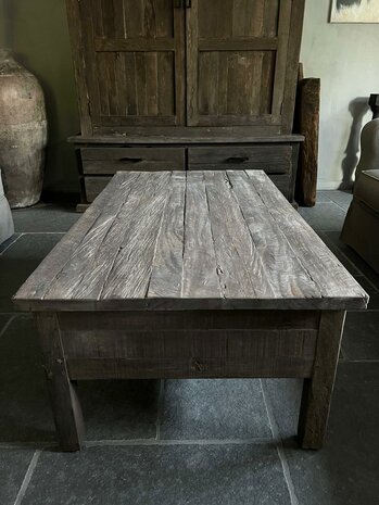 Salontafel met 2 lades / salontafel oud hout 120x70cm B (afhalen) (GERESERVEERD)