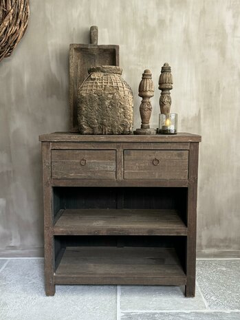 Sidetable driftwood 2 lades| sidetable oud hout met 2 lades Kota (afhalen)